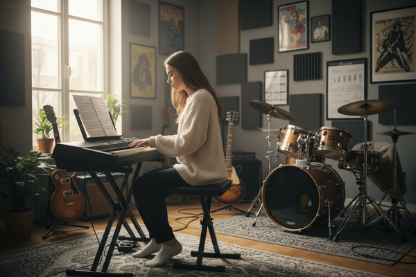 a single female student practicing on a keyboard in a room with a drumset and guitar