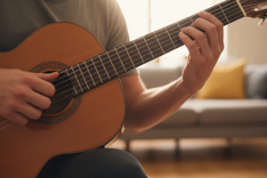playing classical guitar, zoom in